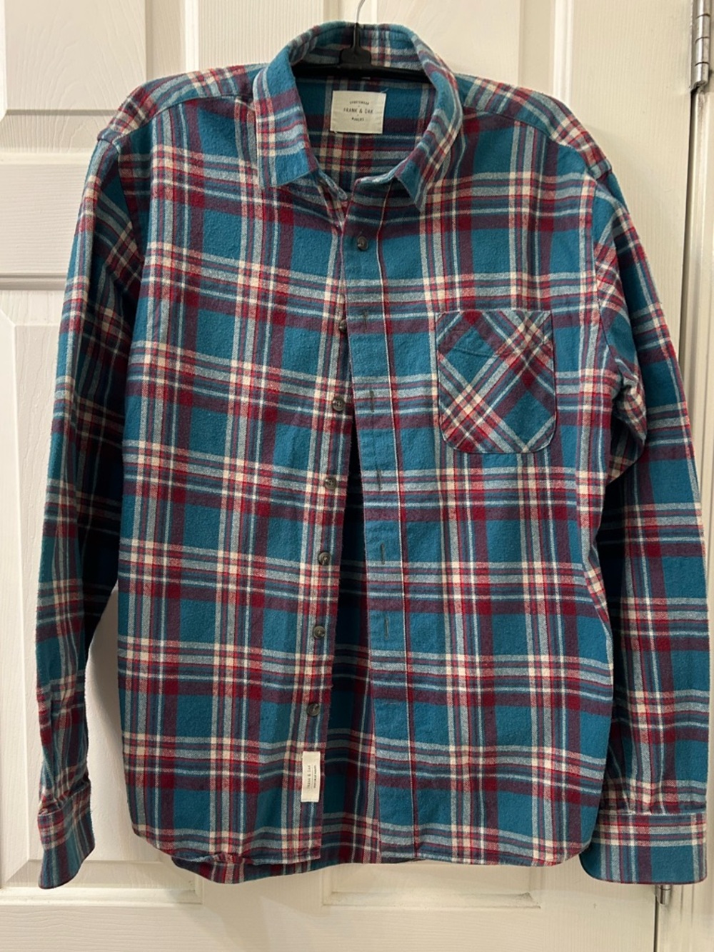 Frank & Oak Teal, Burgundy and White Plaid Flannel Shirt